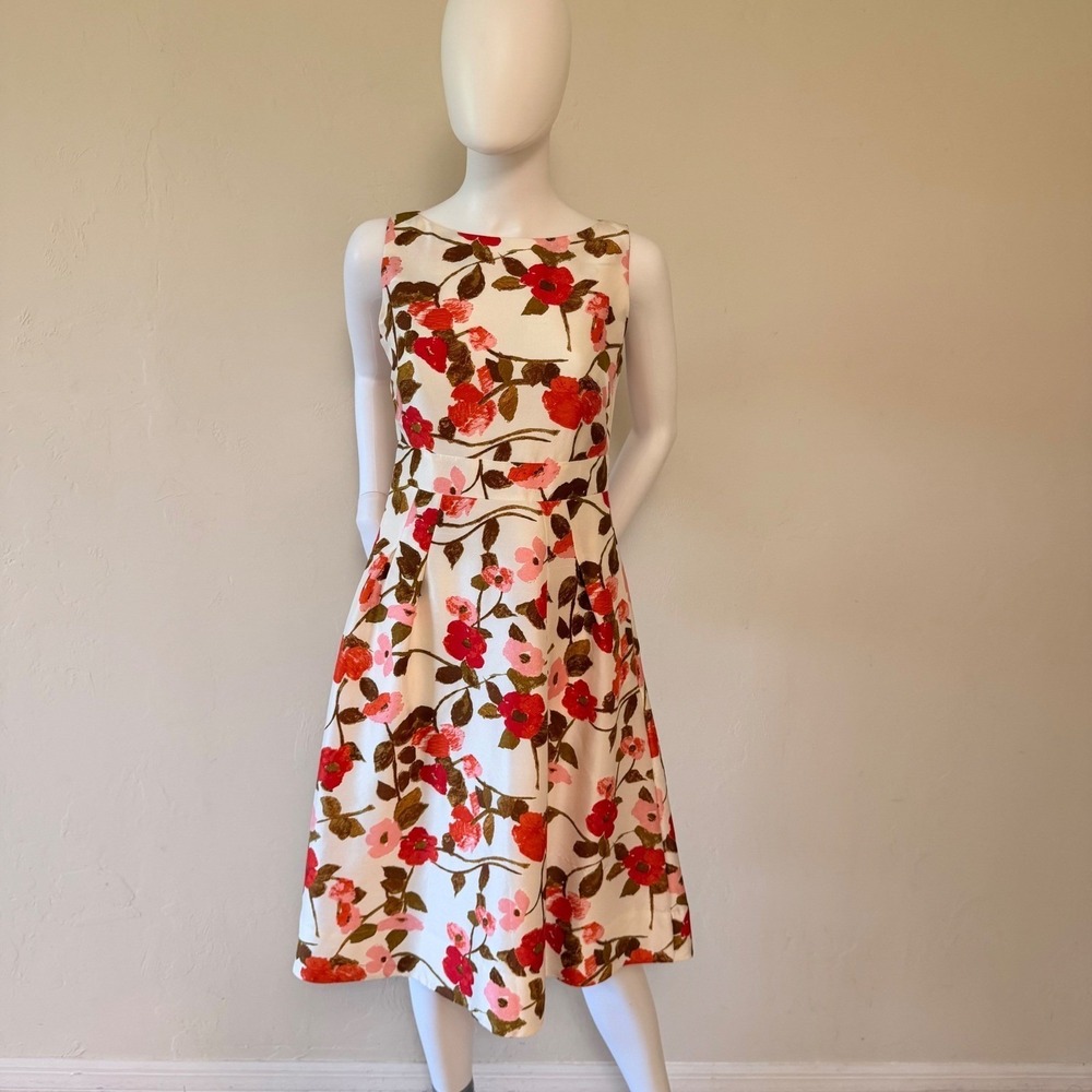 Banana Republic Floral Fit Flare Dress Women 2 Red Pink Cream Sleeveless Pockets